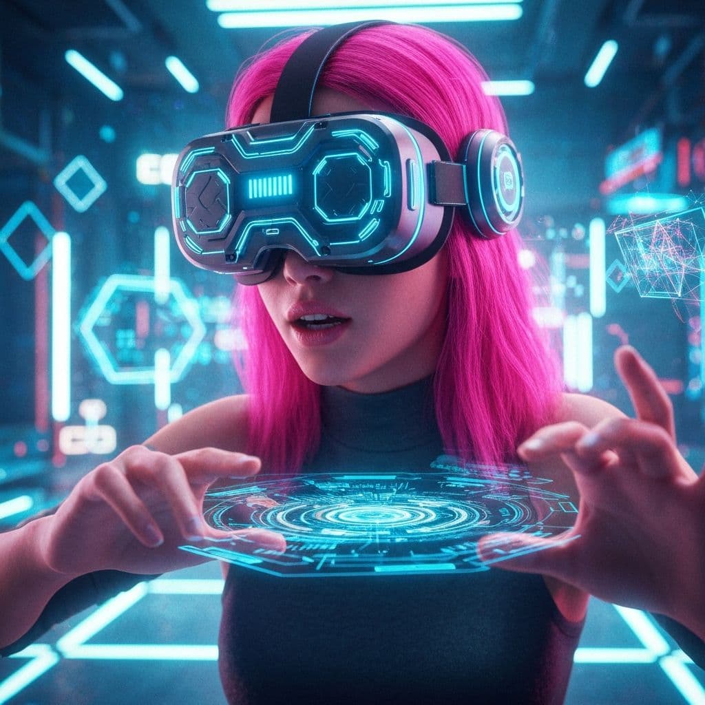 Woman wearing VR headset using futuristic AI technology